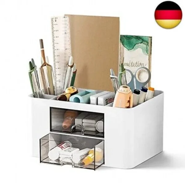 Desk Organizer, Table Organizer, Pencil Case, and Pen Holder featuring two drawers, suitable for children&#039;s desks and office desk organization.