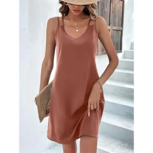 2024 New Fashion Summer Women Casual Dress V-Neck Loose Big Swing Skirt Sleeveless Soild Color Beach Dress