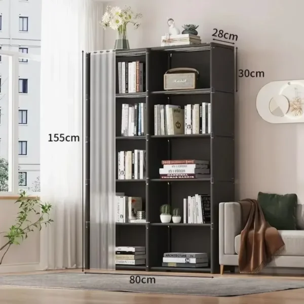 This modern minimalist wardrobe features six layers designed to be dustproof, offering high capacity for storage. It serves as a partition bookshelf suitable for the bedroom, allowing for simple assembly and efficient organization of bedroom furniture