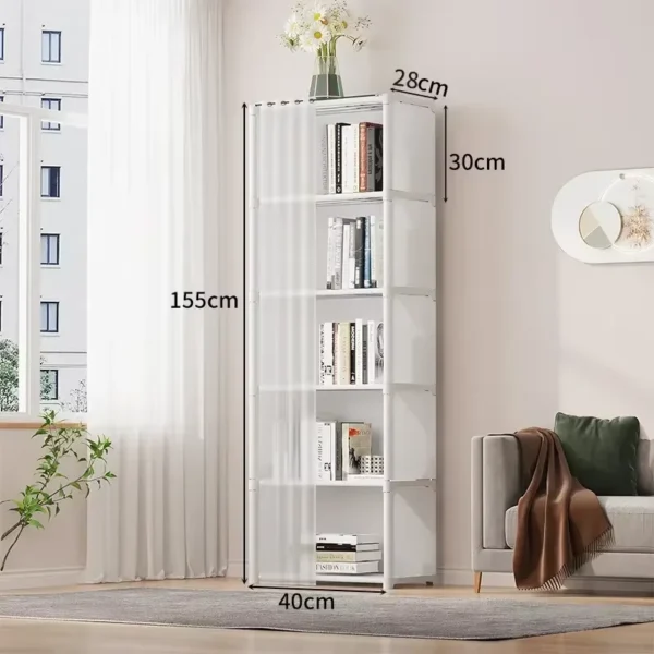 This modern minimalist wardrobe features six layers designed to be dustproof, offering high capacity for storage. It serves as a partition bookshelf suitable for the bedroom, allowing for simple assembly and efficient organization of bedroom furniture