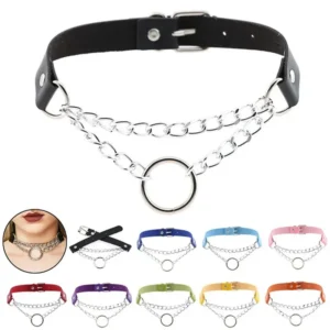 Punk Street Snap PU Leather Choker Metal Ring Chain Love Belt  Necklace Neck Strap Gothic Nightclub Neck Accessories Goth Belt Adjustable Buckle