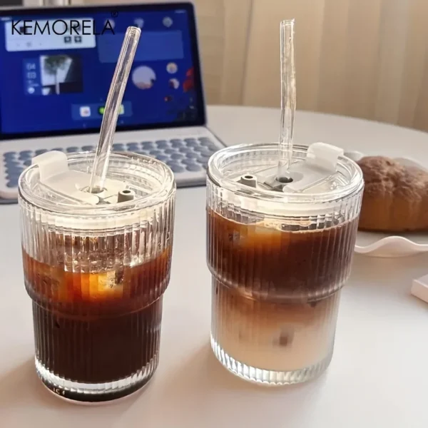 Stripe Glass Cup with a straw