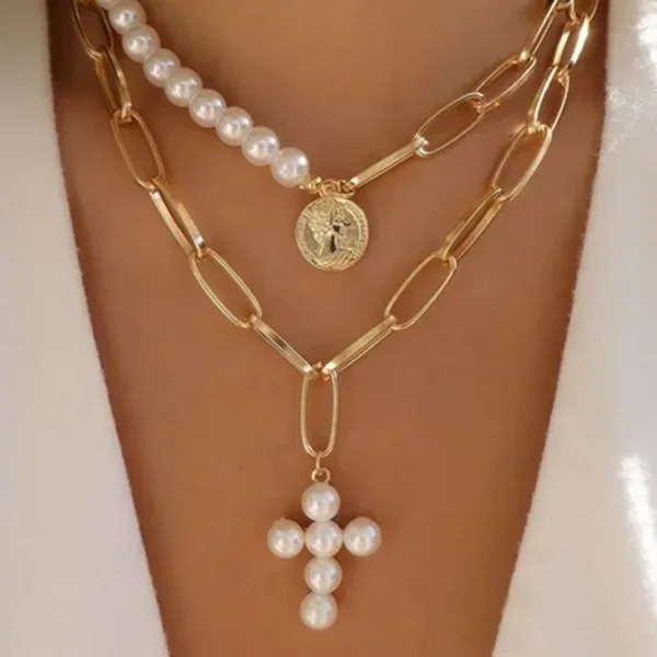 Pearl Chain Cross Necklace