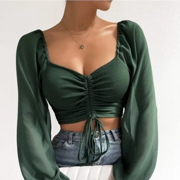 Sexy Mesh Lantern Sleeves Drawstring Wrap Chest Bare Midriff Cute T Shirt Women Long Sleeve