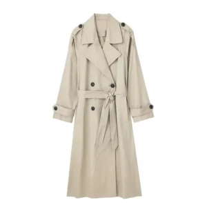 Women Fashionable Coat with Belt Solid Double Breasted Trench Vintage Lapel Neck Long Sleeves Female Chic Lady Outfits