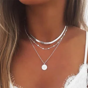 Triple Layered Cute Chain Choker Necklace Simple and Dainty Women Fashion Coin Disc Beaded Choker Necklaces