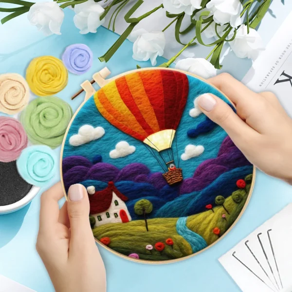 Photocustom Crafts Arts DIY Wool Felting Painting Kit with Frame Handmade Needle Wool Painting Hot Air Balloon for Home Decors Crafts Gift