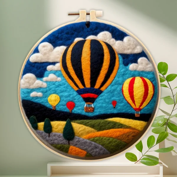 Photocustom Crafts Arts DIY Wool Felting Painting Kit with Frame Handmade Needle Wool Painting Hot Air Balloon for Home Decors Crafts Gift