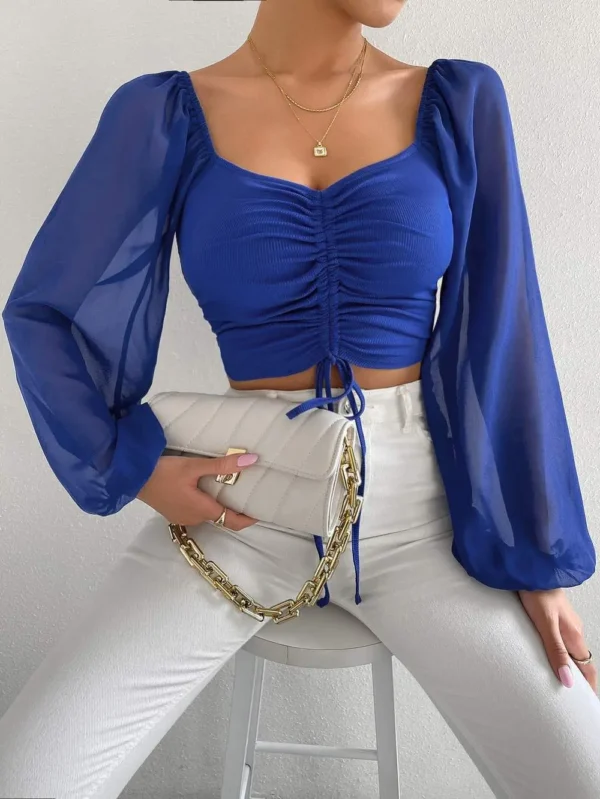 Sexy Mesh Lantern Sleeves Drawstring Wrap Chest Bare Midriff Cute T Shirt Women Long Sleeve