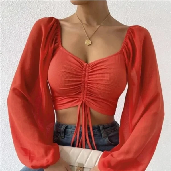 Sexy Mesh Lantern Sleeves Drawstring Wrap Chest Bare Midriff Cute T Shirt Women Long Sleeve