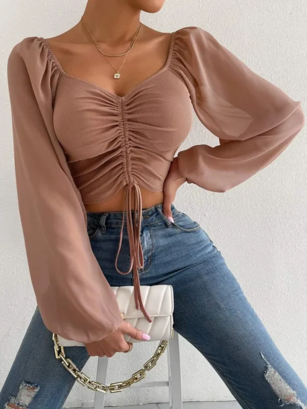 Sexy Mesh Lantern Sleeves Drawstring Wrap Chest Bare Midriff Cute T Shirt Women Long Sleeve