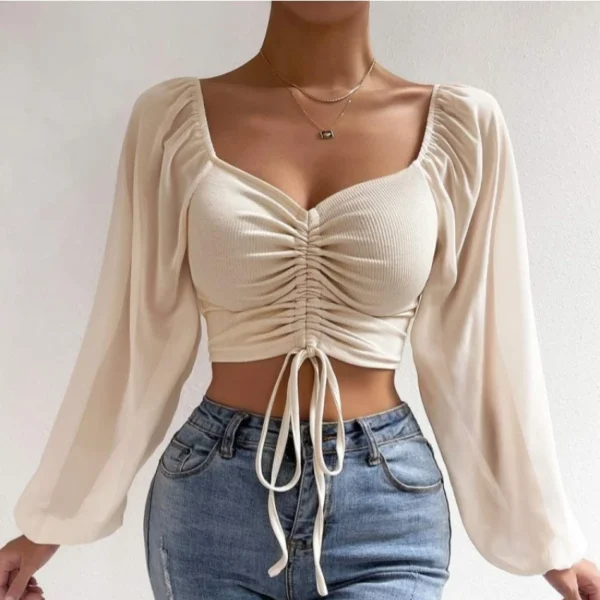 Sexy Mesh Lantern Sleeves Drawstring Wrap Chest Bare Midriff Cute T Shirt Women Long Sleeve