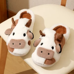 New Cute Winter Unisex Cartoon Cow Warm Plush Slippers Couple'S Indoor Non-Slip House Slides Men and Women Toe Wrap Home Cotton Shoes