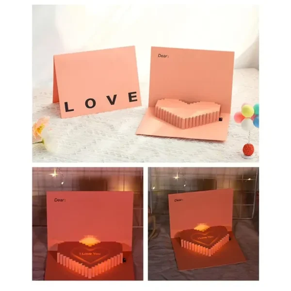 1PC Beautiful Stylish Pink 3D Card Valentine&#039;S Day Love Blessing Cards Luminous and Recording for Expressing Affectiongift Cards SUN