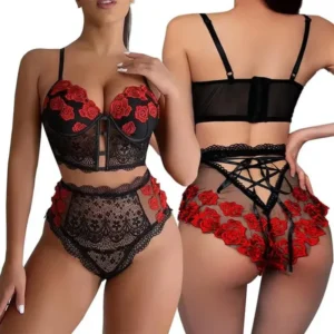 Women Sexy Lace Lingerie Set Lace Bralette and Panty Set Strappy Lace Lingerie Rose Pattern Anniversary Valentine'S Day Gift