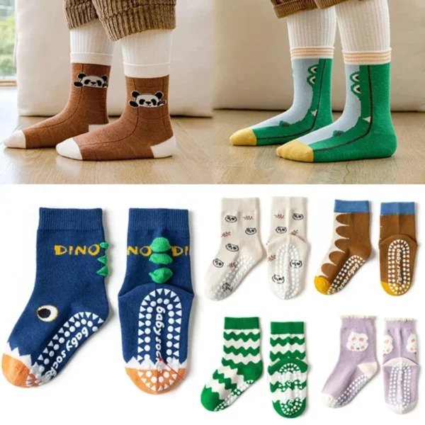 5 Pairs Children&#039;S Cotton Fun Socks 1-12Ys Mid-Tube Dispensing Floor Playground Colorful Non-Slip Socks Trampoline Toddler Socks