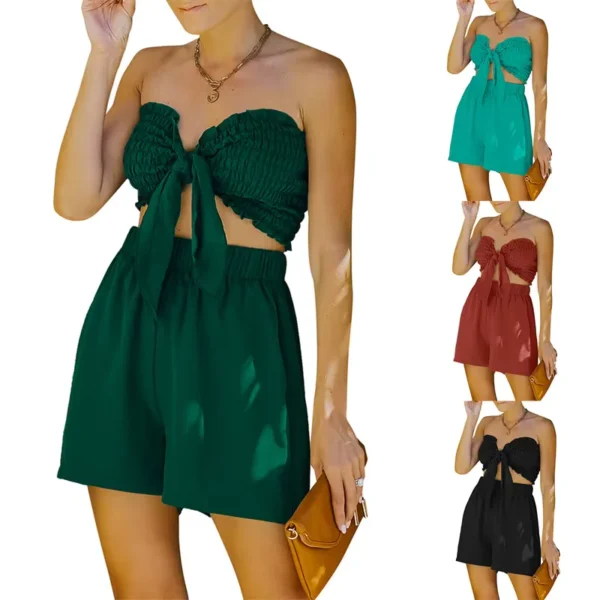 Women&#039;S Black Two-Piece Suit off Shoulder Pleated Crop Tops + Shorts Sets Classic Retro Skinny Y2K Streetwear